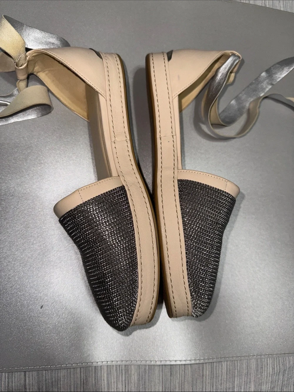 Stuart Weitzman Leather Roman Mail Armor Silver Chain Ballerina Lace Up Flats